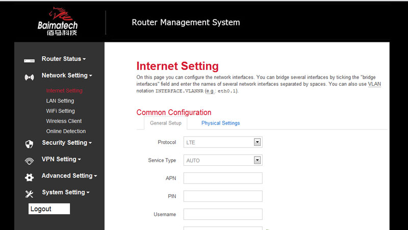 BMR400 industrial cellular router configuration interface